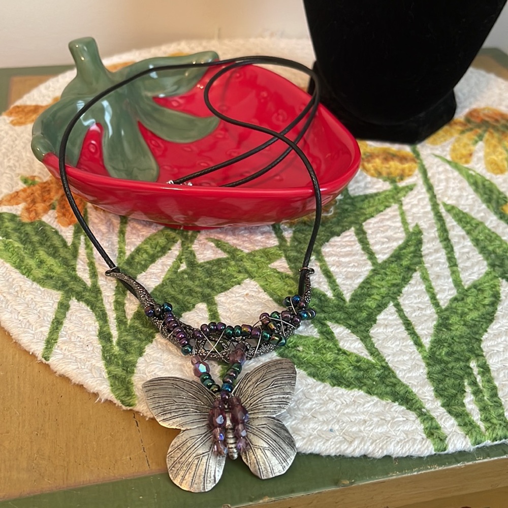 Handcrafted Oil Slick & Aurora Borealis Purple Accent Silver Butterfly Necklace - Picture 10 of 11